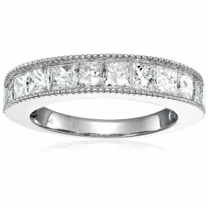 1 cttw Princess Diamond Wedding Band Milgrain Channel 14K White or Yellow Gold