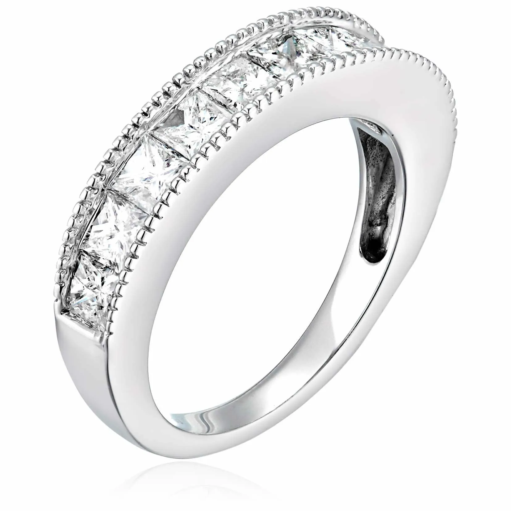 1 cttw Princess Diamond Wedding Band Milgrain Channel 14K White or Yellow Gold