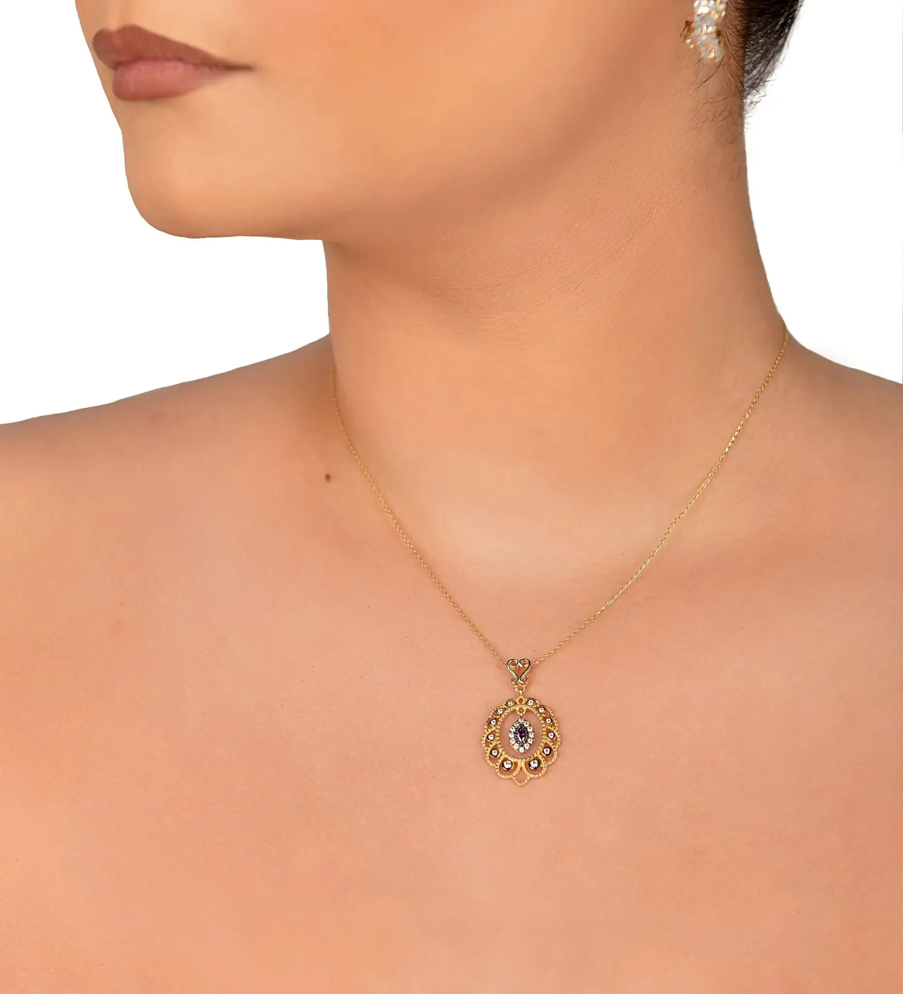 14K Yellow Gold Purple Stone And White Pendant Necklace