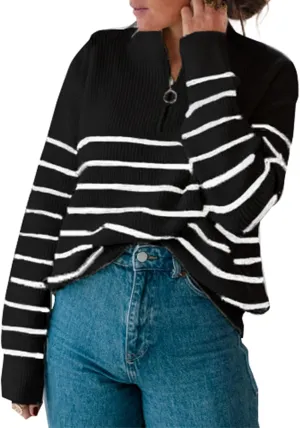 Amkoyam Women's Striped Sweaters 2023 Long Sleeves Knitted Casual Pullovers Loose Shirt Tops with Button Fall Winter