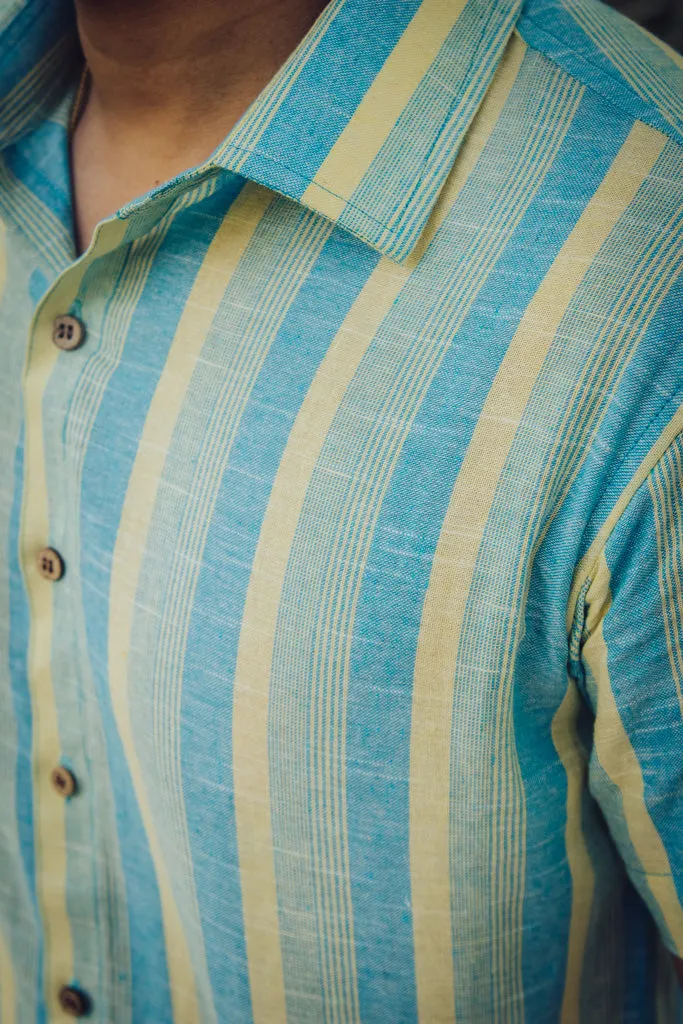 Blue and Yellow Striped Cotton Linen Slim Fit Shirt