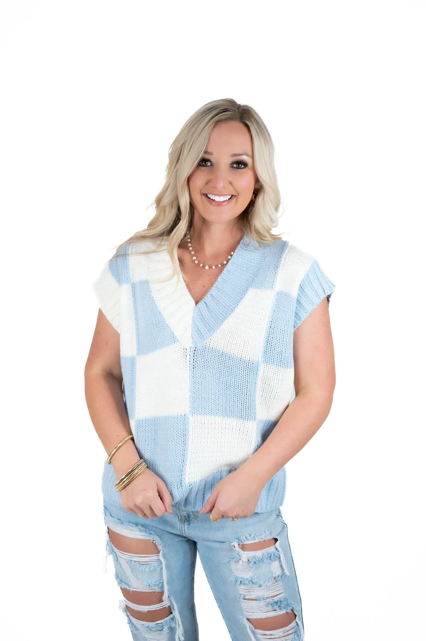 Blue Checkered Knit Sweater Vest
