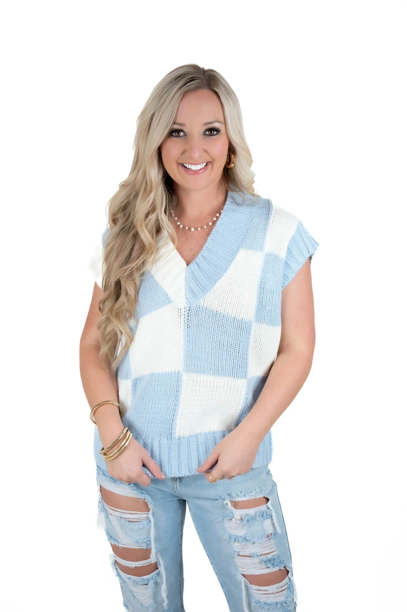 Blue Checkered Knit Sweater Vest