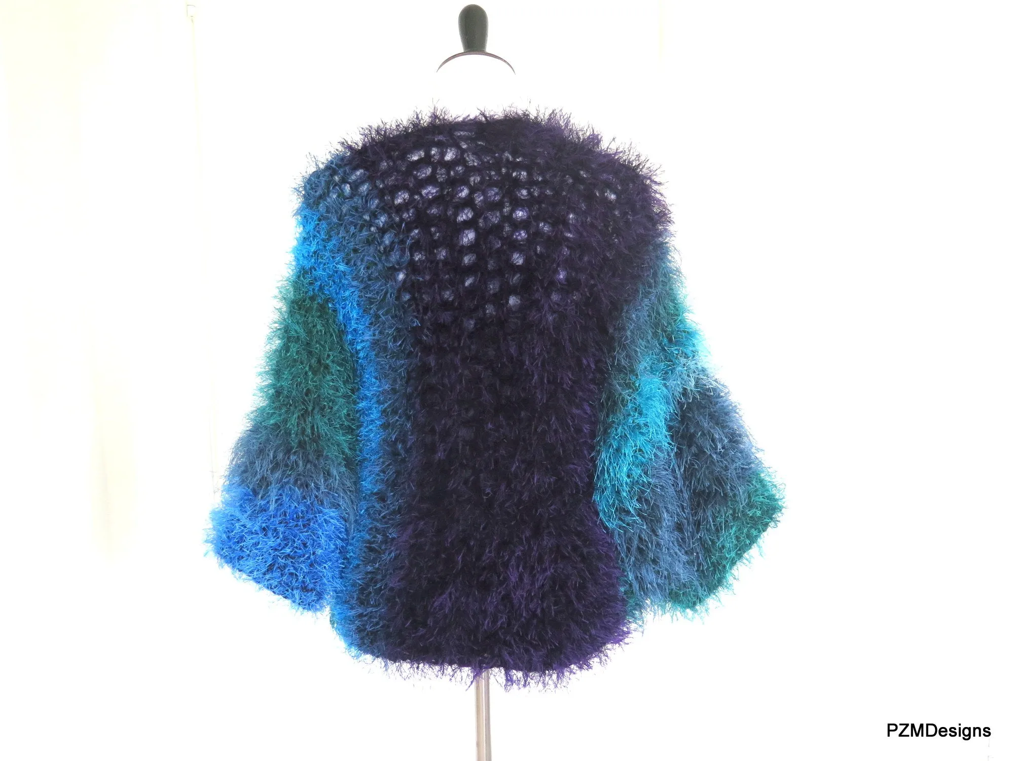 Blue Faux Fur Plus Size Jacket, Multi Color Blue Fur Shrug
