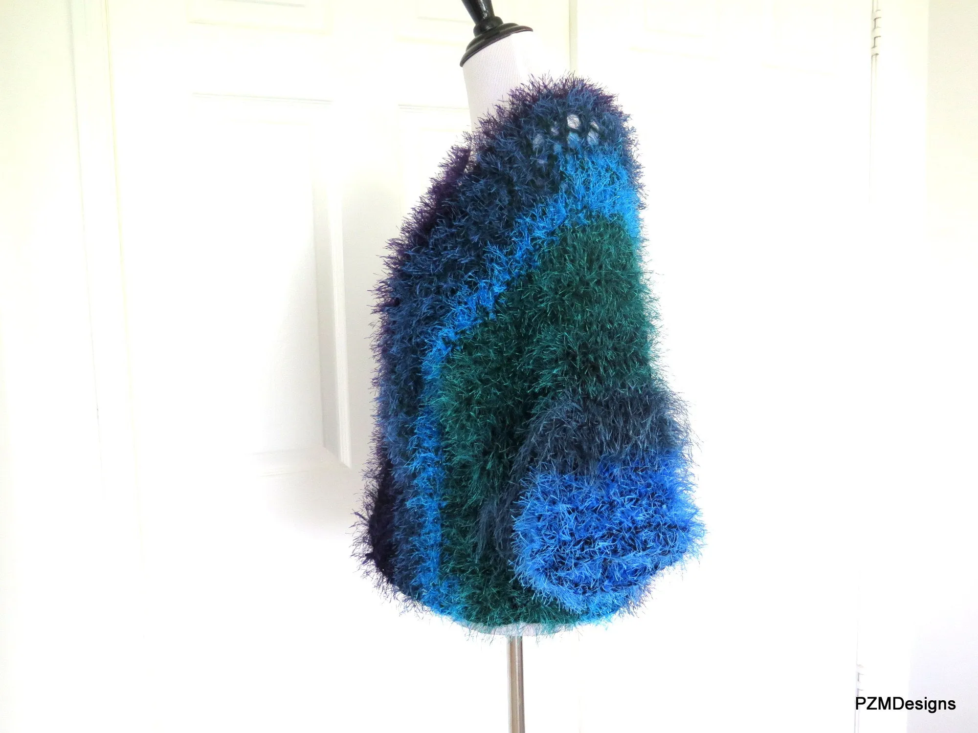 Blue Faux Fur Plus Size Jacket, Multi Color Blue Fur Shrug
