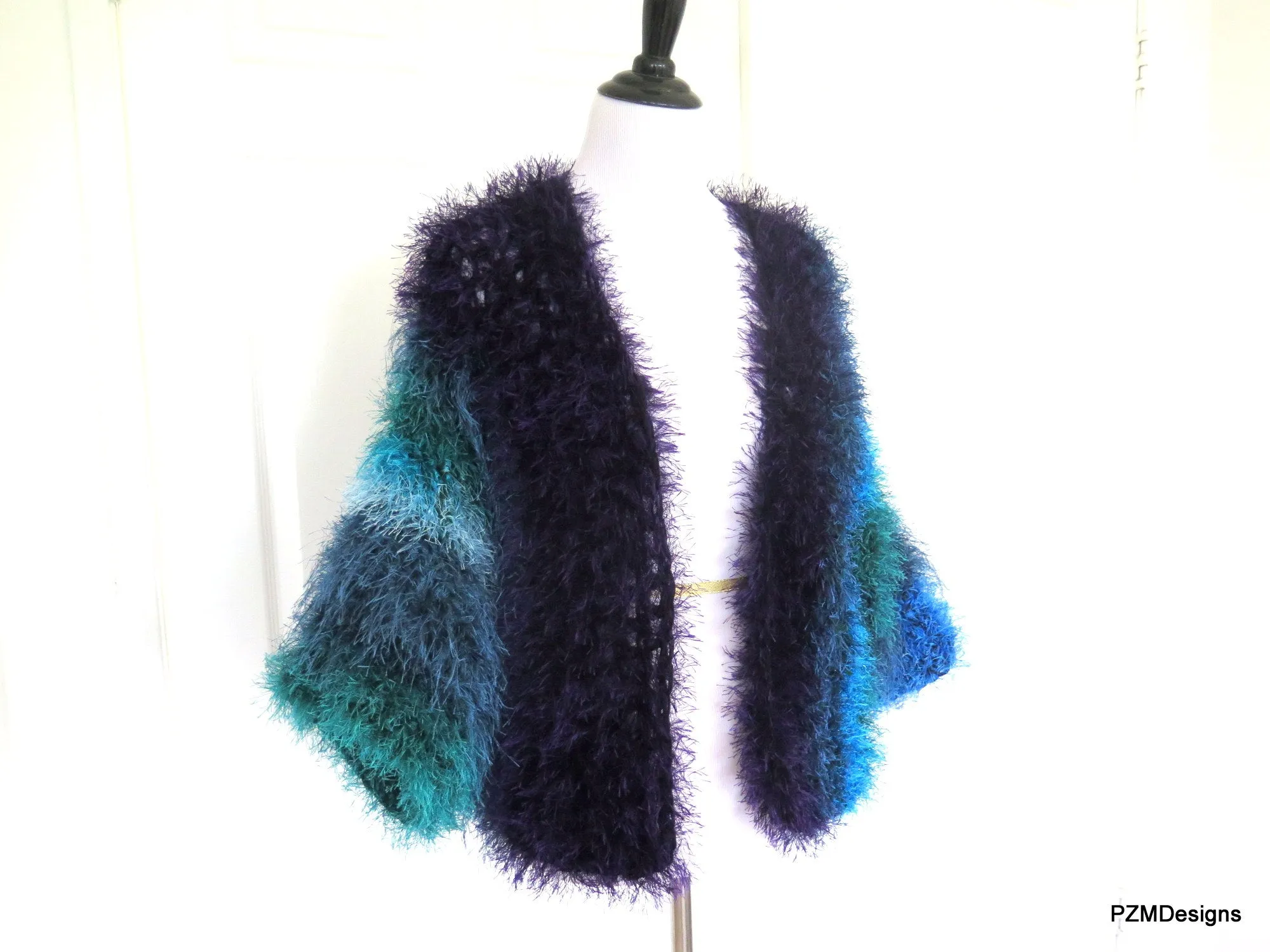 Blue Faux Fur Plus Size Jacket, Multi Color Blue Fur Shrug