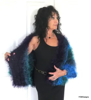 Blue Faux Fur Plus Size Jacket, Multi Color Blue Fur Shrug