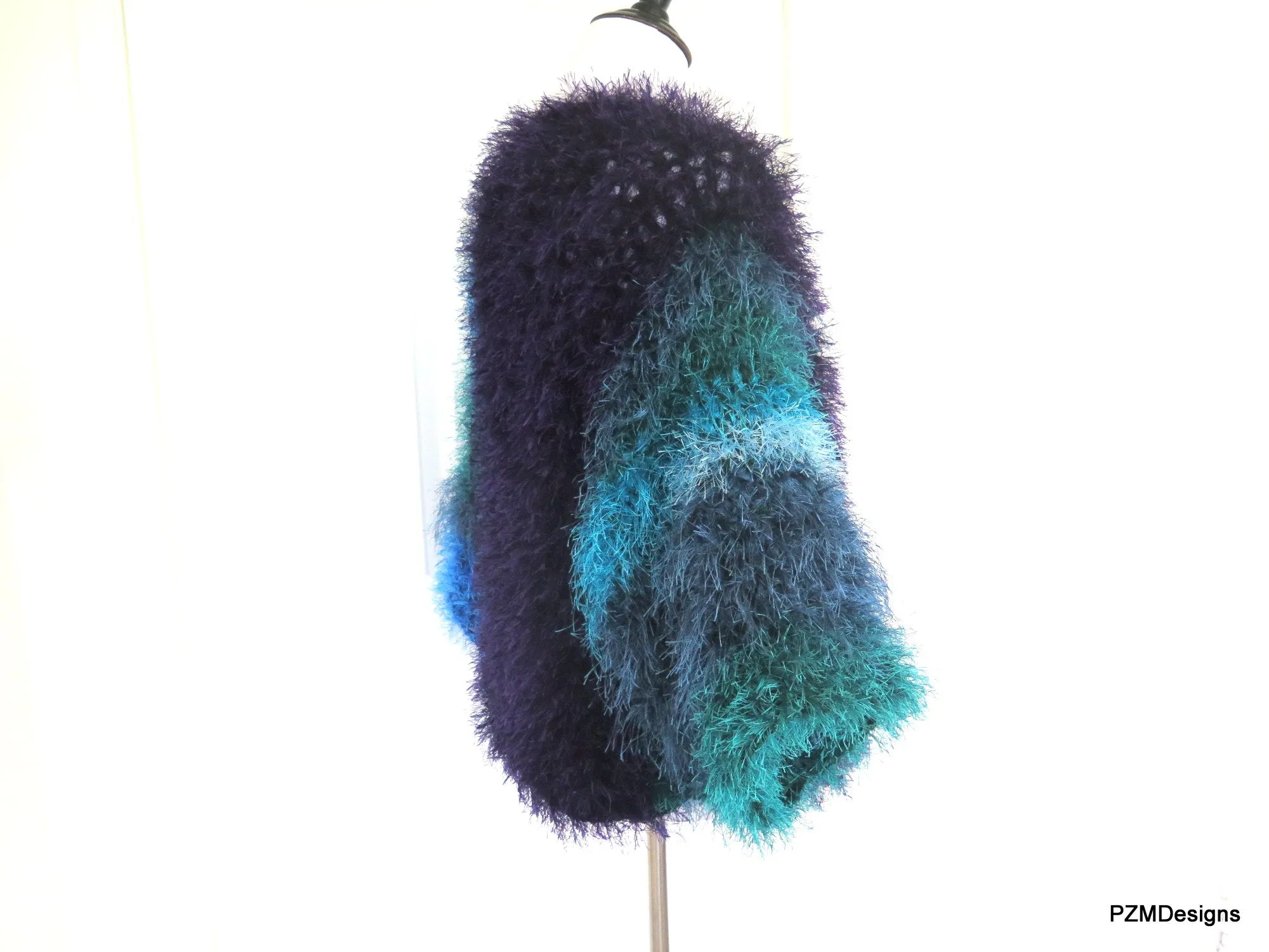 Blue Faux Fur Plus Size Jacket, Multi Color Blue Fur Shrug