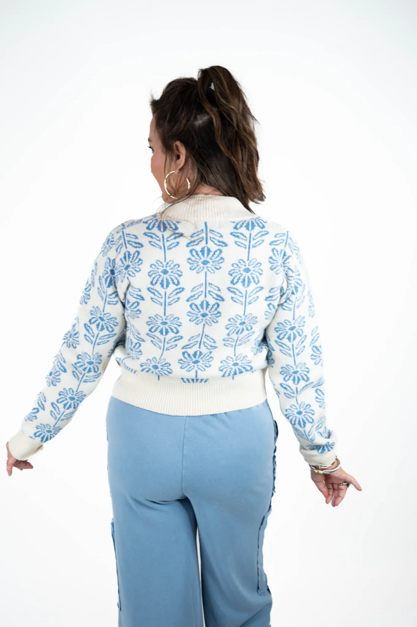 Blue Floral Printed Sweater
