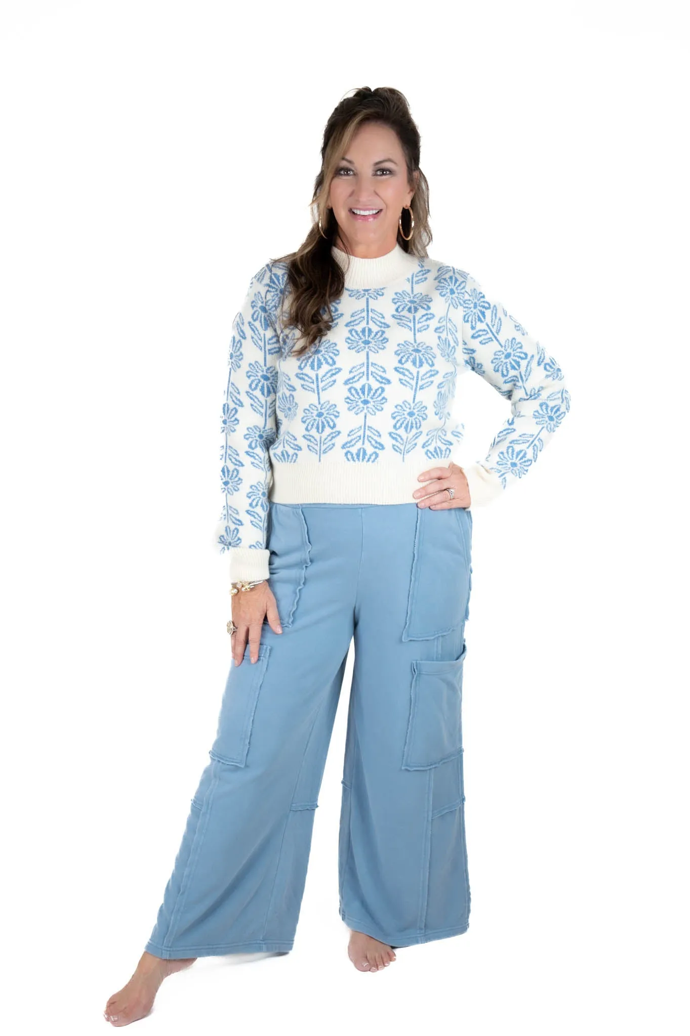 Blue Floral Printed Sweater