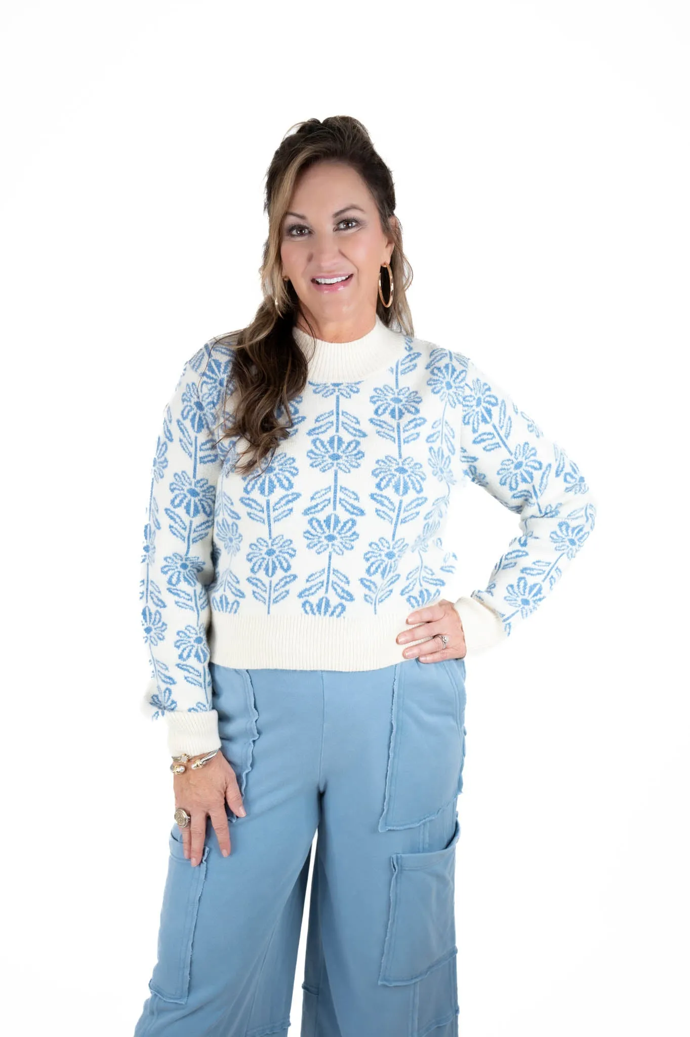 Blue Floral Printed Sweater