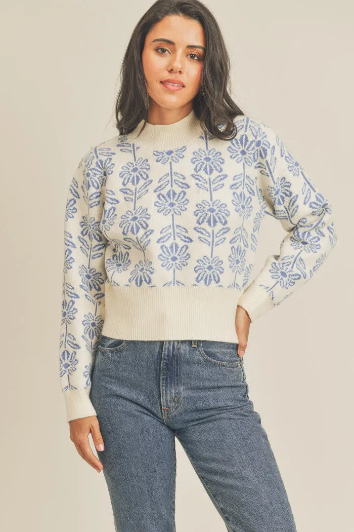 Blue Floral Printed Sweater