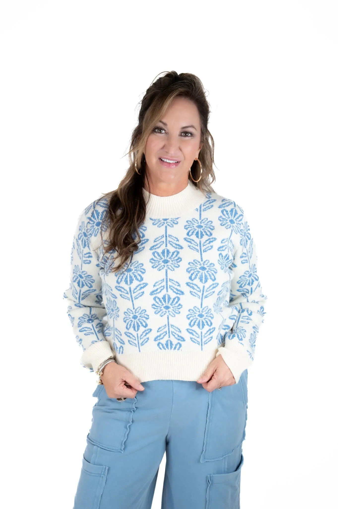 Blue Floral Printed Sweater