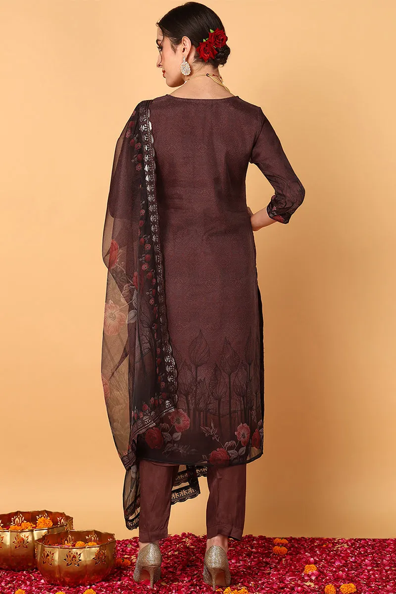 Brown Organza Ethnic Motifs Embroidered 3-Piece Kurta Set