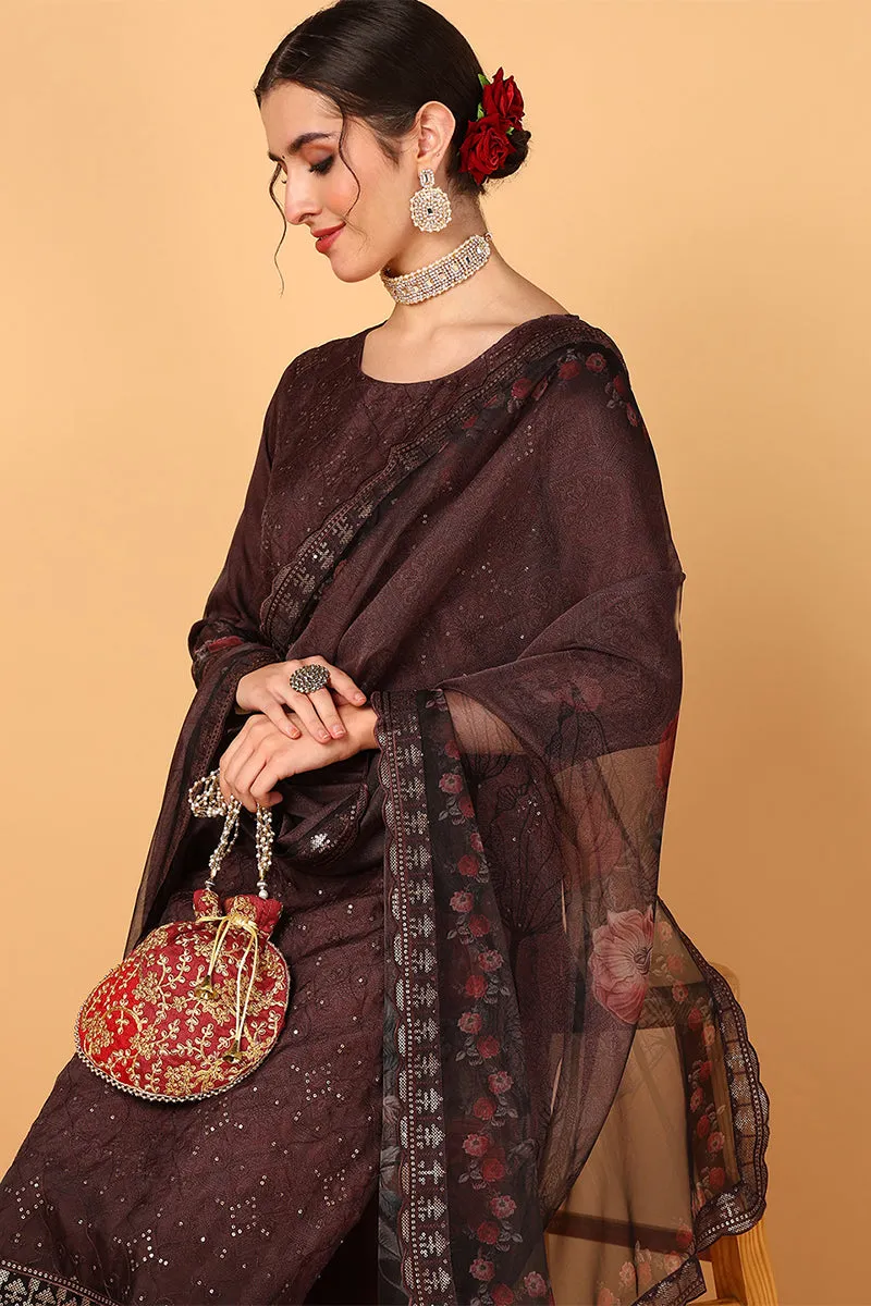 Brown Organza Ethnic Motifs Embroidered 3-Piece Kurta Set