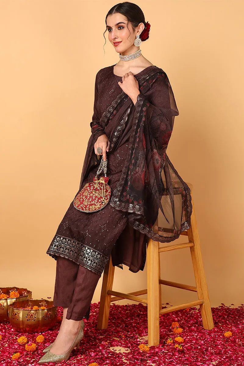 Brown Organza Ethnic Motifs Embroidered 3-Piece Kurta Set