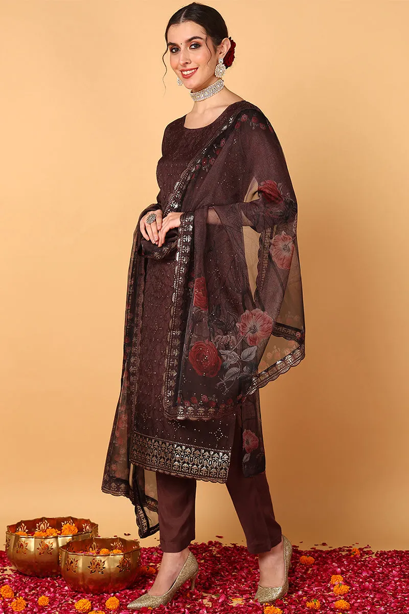 Brown Organza Ethnic Motifs Embroidered 3-Piece Kurta Set