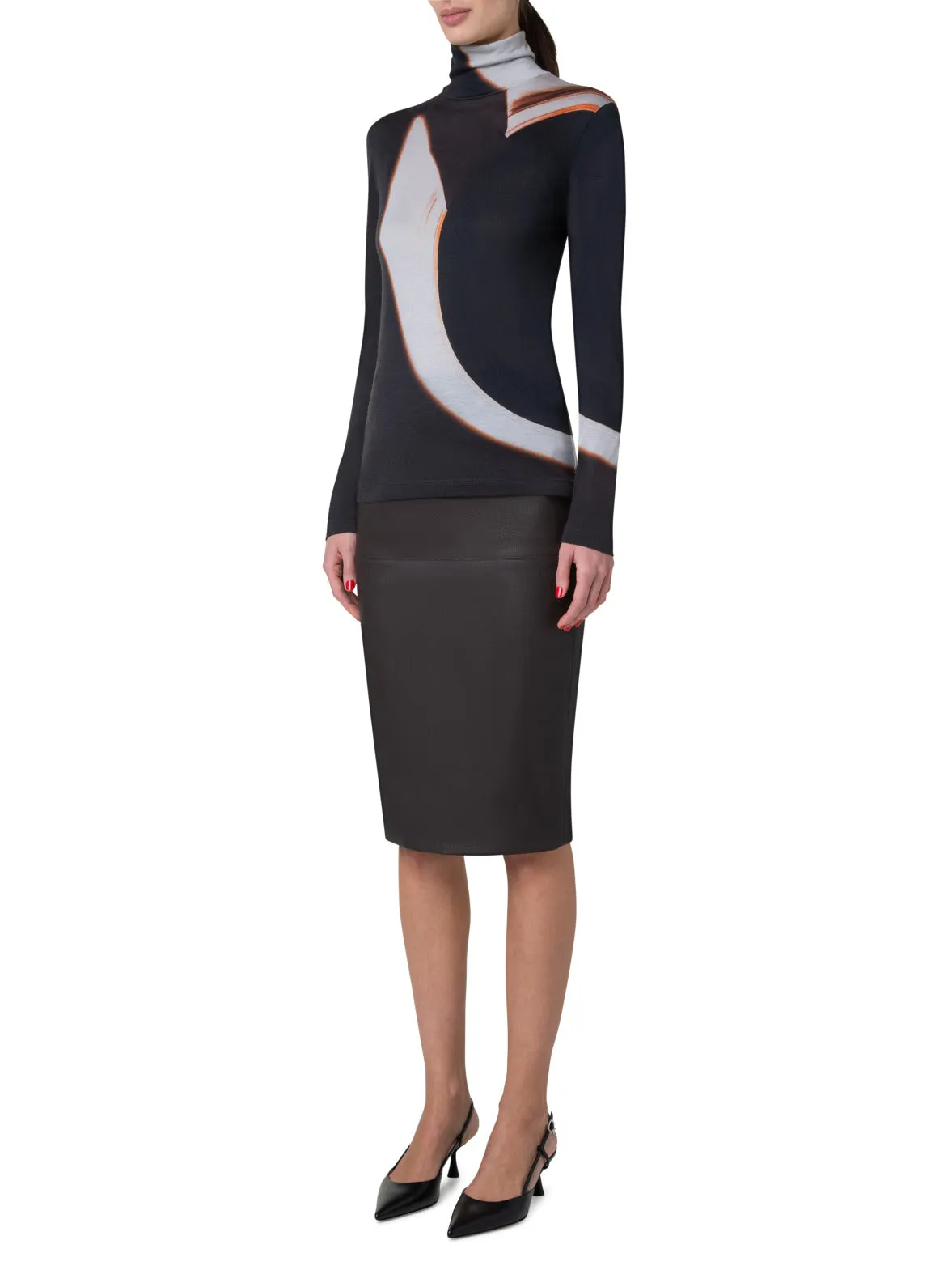 Cashmere Silk Mock Neck Top with Mocca Loop Print