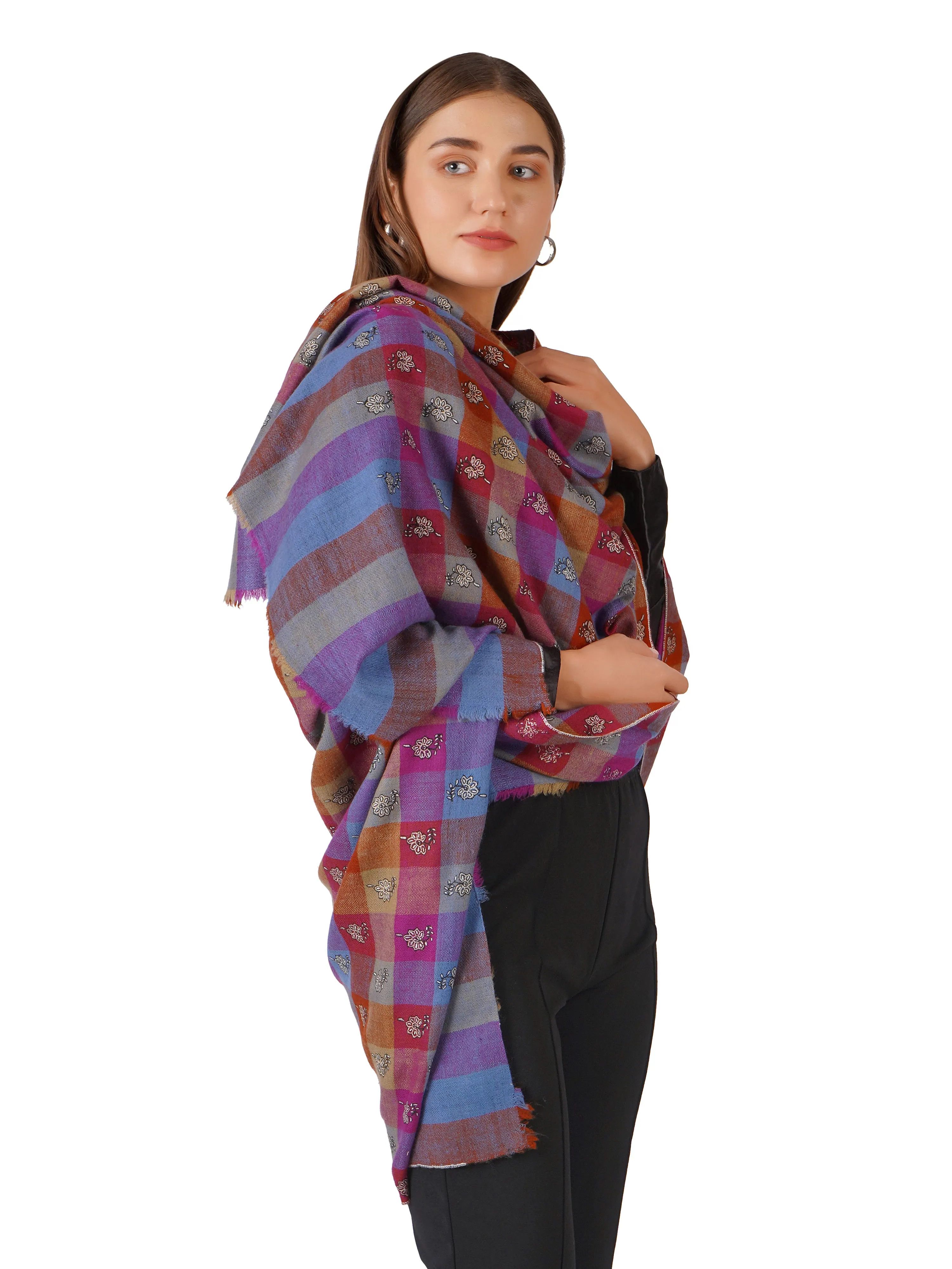 Classic Checkered Pashmina Shawl with Floral Embroidery - Multi Color Check