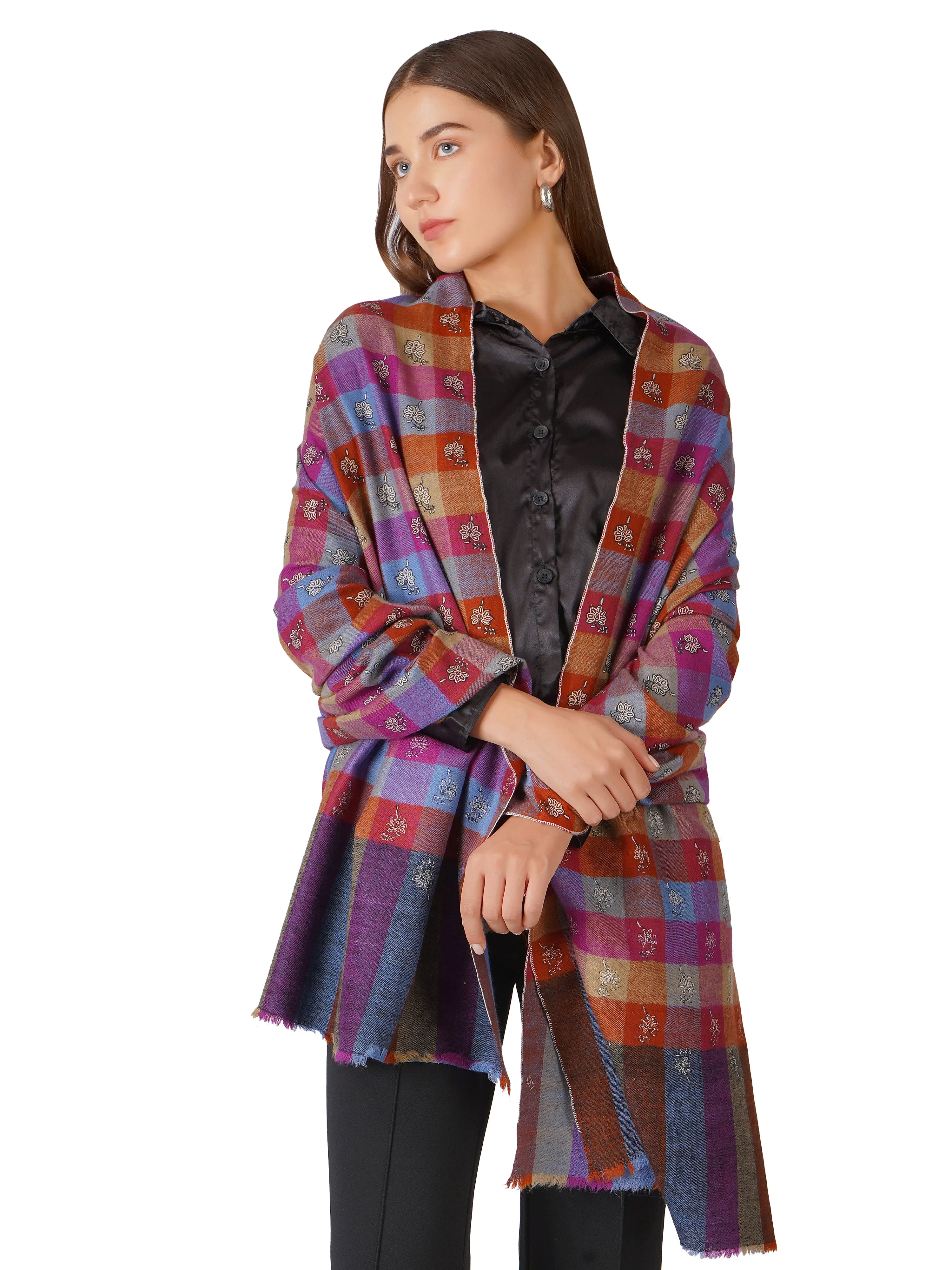 Classic Checkered Pashmina Shawl with Floral Embroidery - Multi Color Check