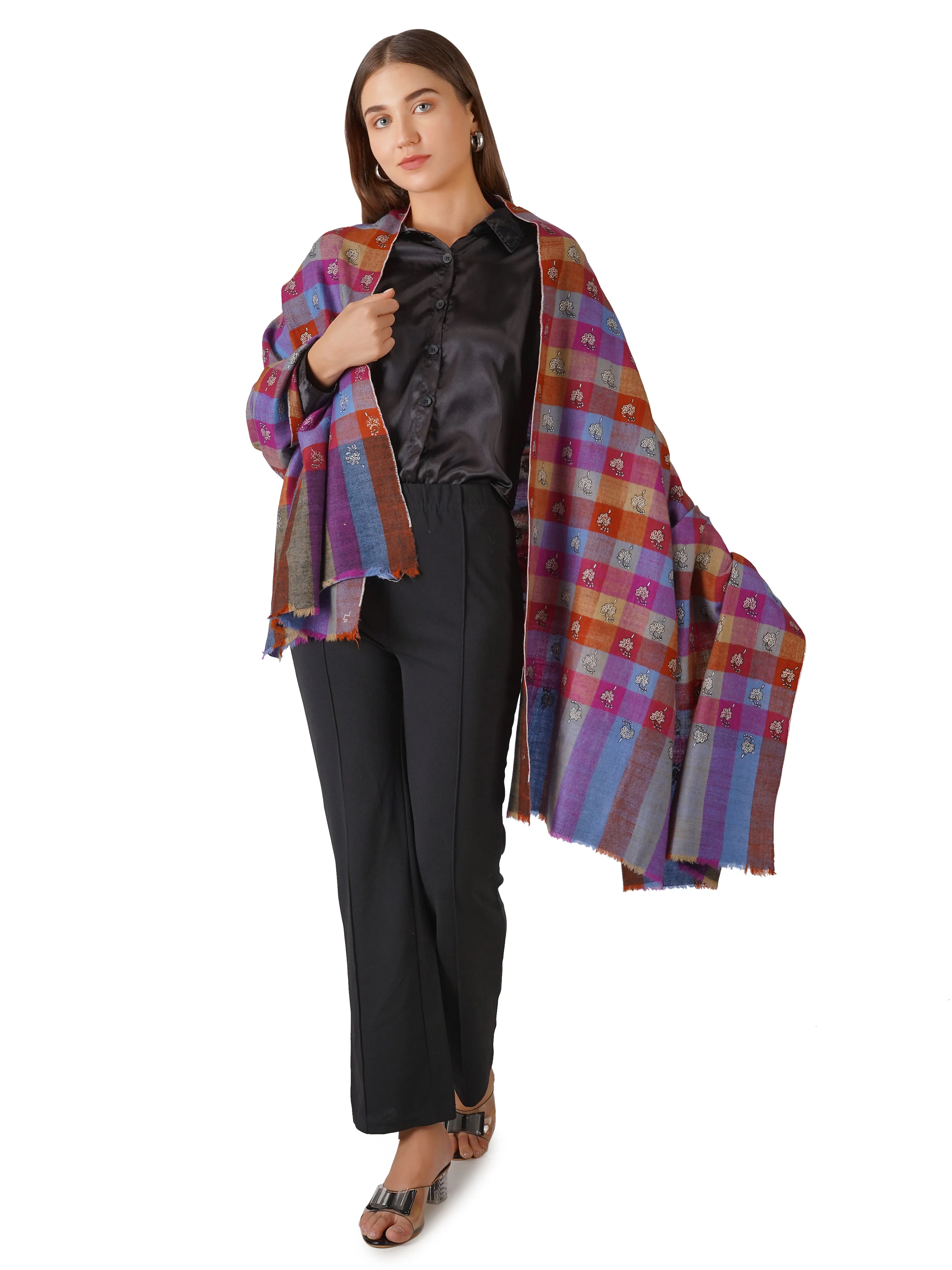 Classic Checkered Pashmina Shawl with Floral Embroidery - Multi Color Check