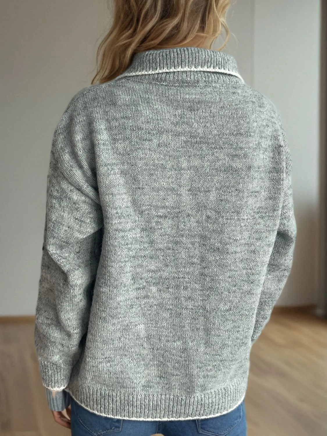 Contrast Trim Quarter Button Long Sleeve Sweater