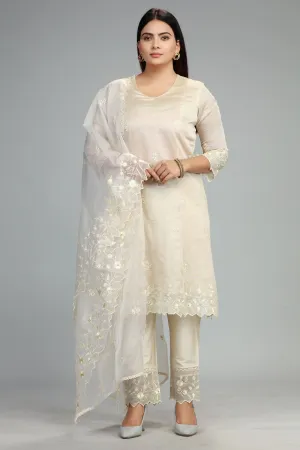 Cream Chanderi Straight Embroidered Kurta Pant Suit Set