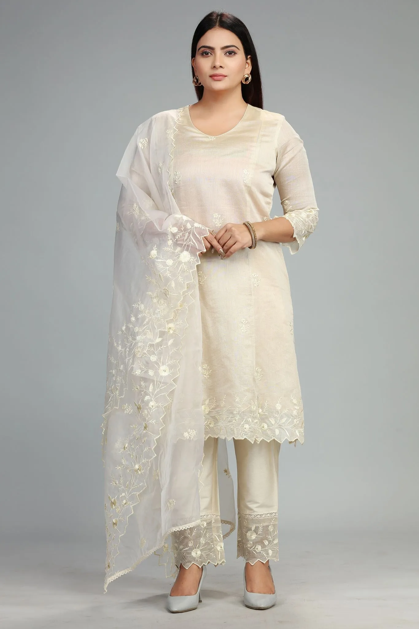 Cream Chanderi Straight Embroidered Kurta Pant Suit Set