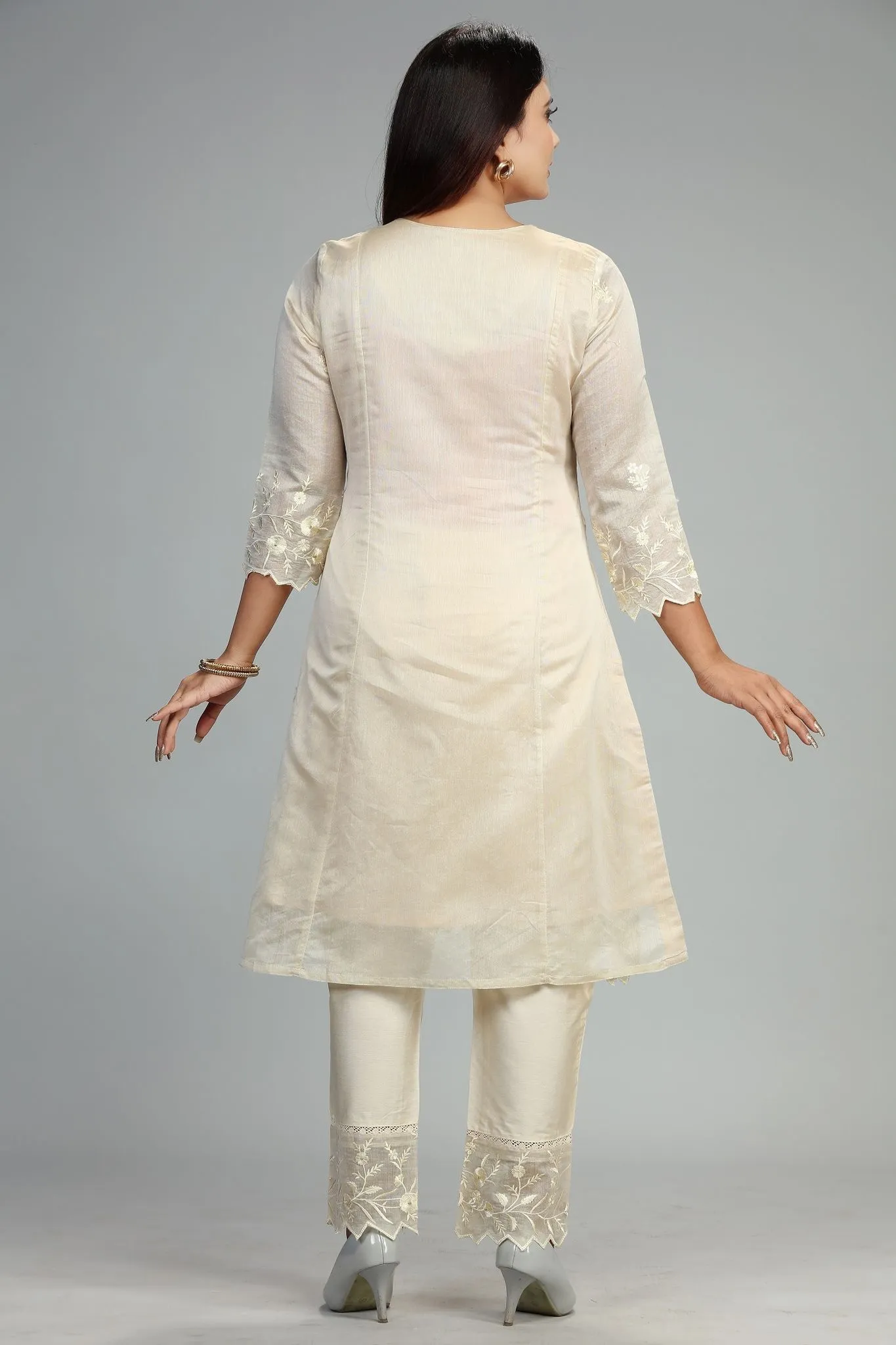 Cream Chanderi Straight Embroidered Kurta Pant Suit Set