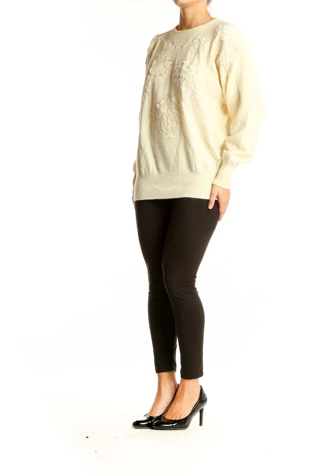Cream Embroidered Luxury Knit Sweater