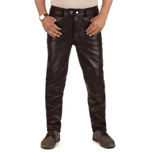 Crionis Men's Brown Slim Fit Leather Pants