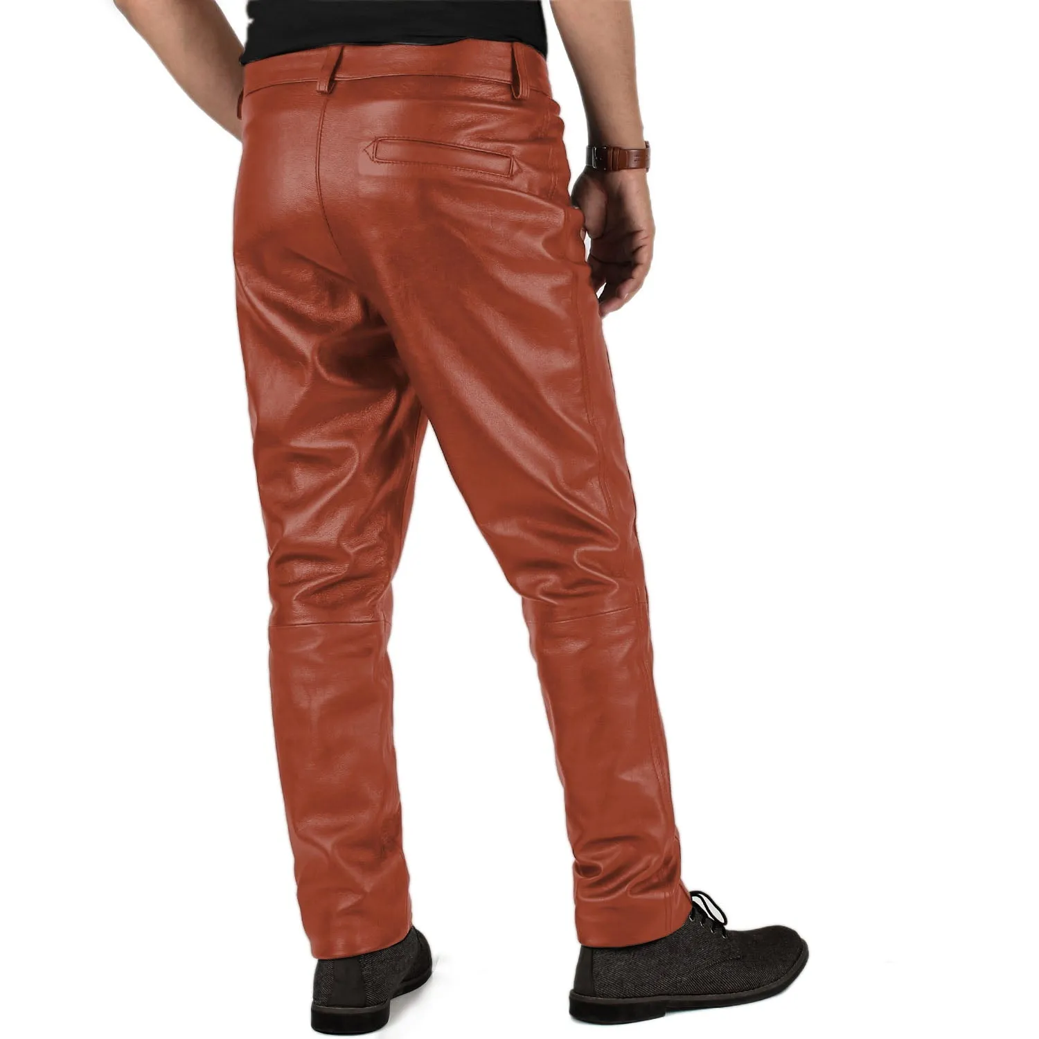 Crionis Men's Tan Slim Fit Leather Pants