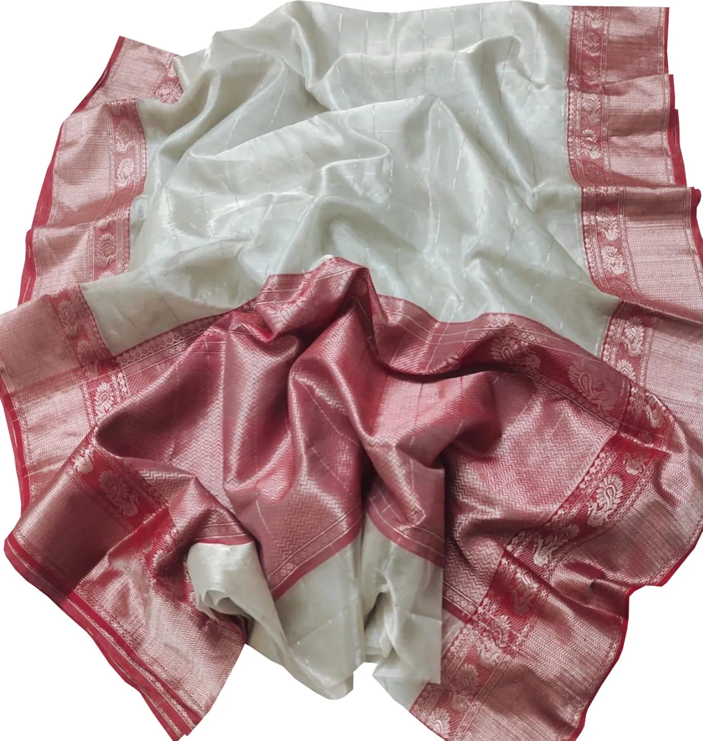 Elegant Off White Chanderi Handloom Pure Katan Silk Saree