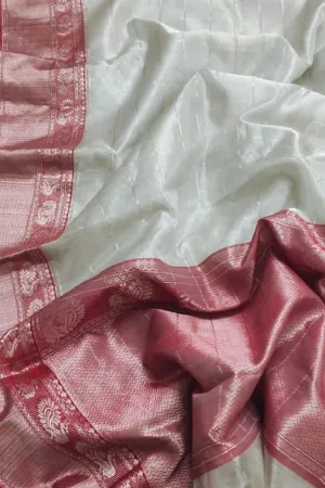 Elegant Off White Chanderi Handloom Pure Katan Silk Saree