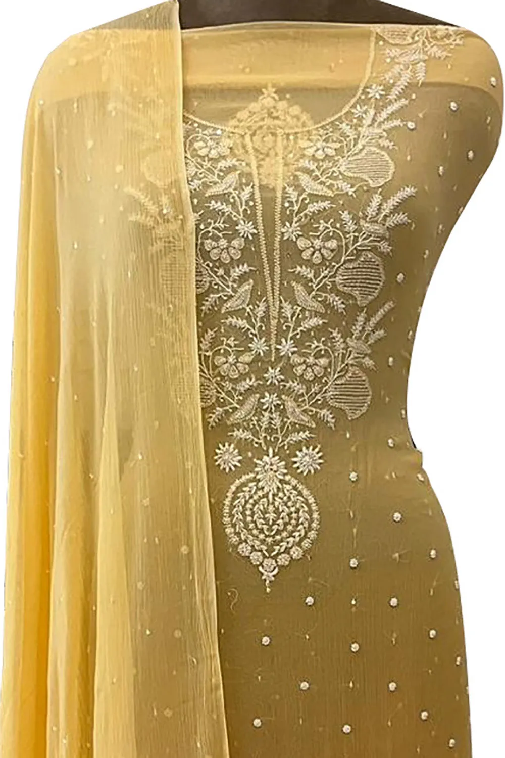 Exquisite Yellow Chikankari Chiffon Suit Set: Handcrafted Elegance