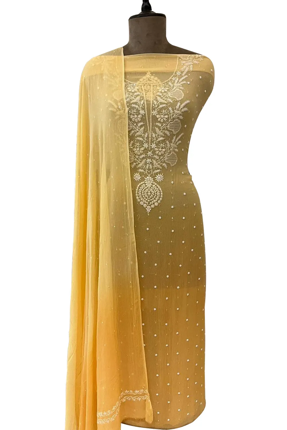 Exquisite Yellow Chikankari Chiffon Suit Set: Handcrafted Elegance