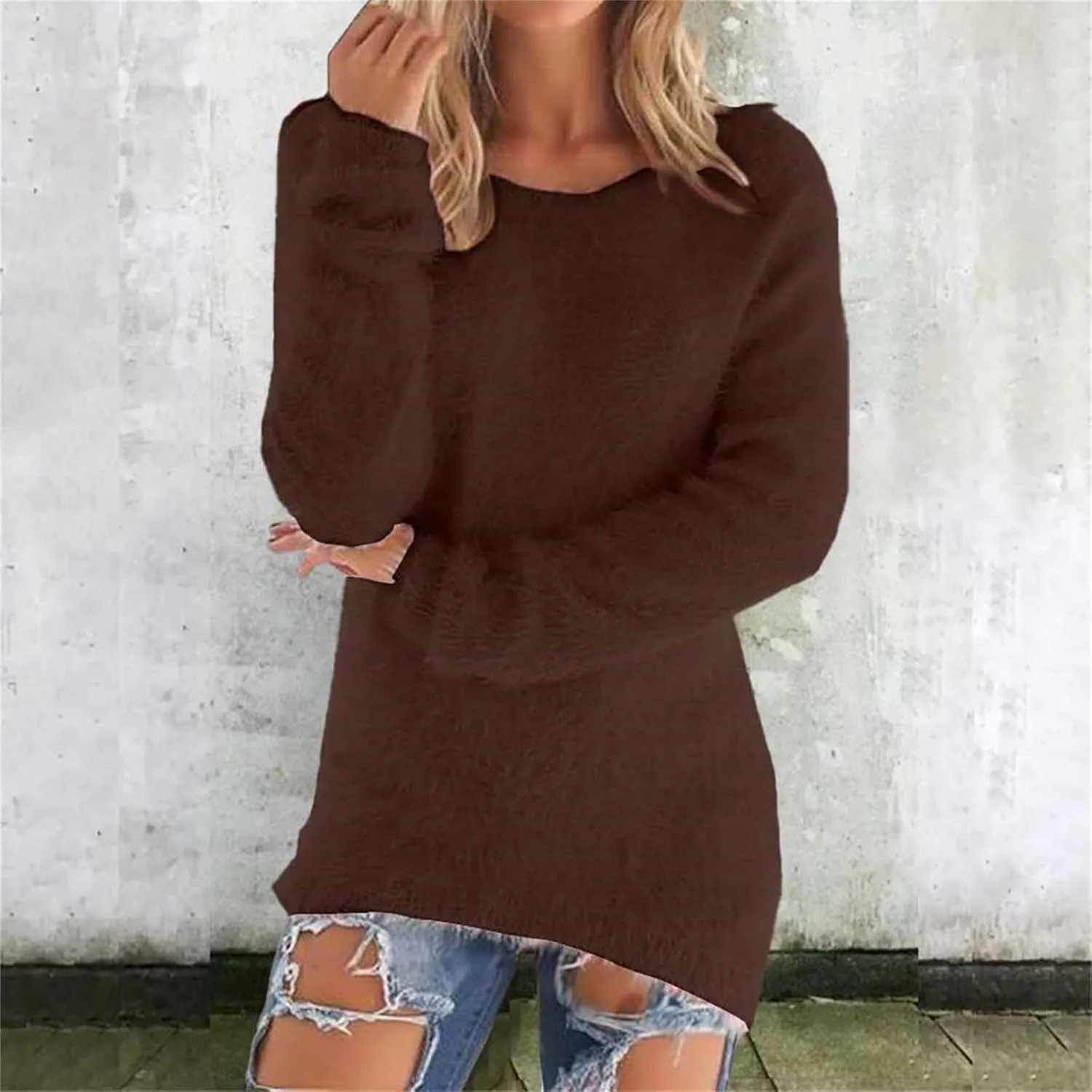 Fuzzy Sweater for Women Furry Crewneck Pullover Women Long Sleeve Jumper Sweaters Plain Sweatshirt Fall Cute Tops