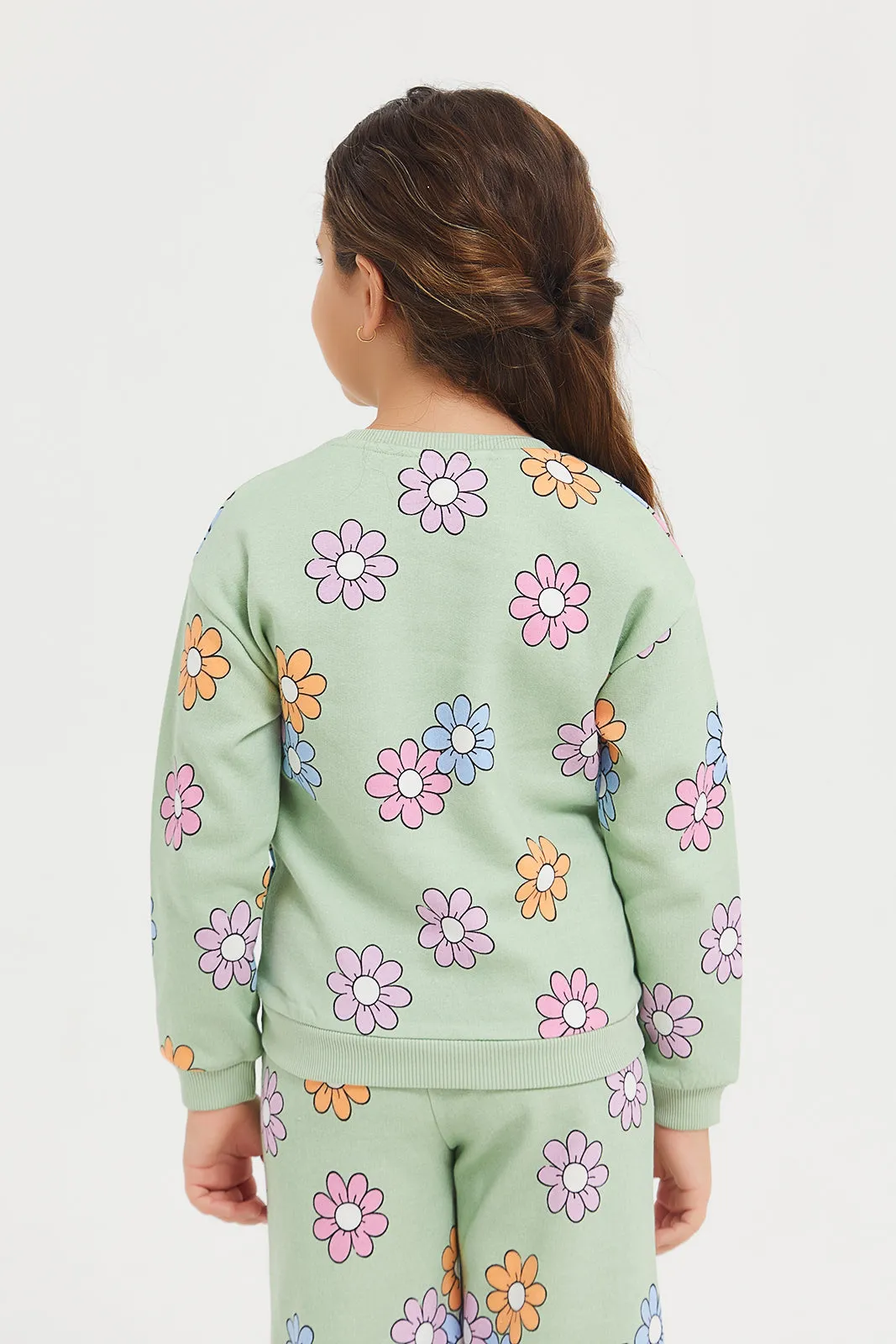 Girls Green Printed Sweatshirt