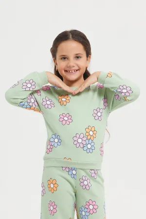 Girls Green Printed Sweatshirt