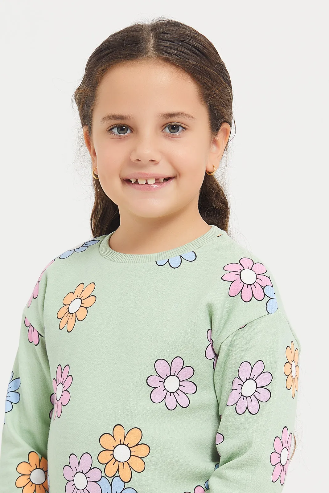 Girls Green Printed Sweatshirt
