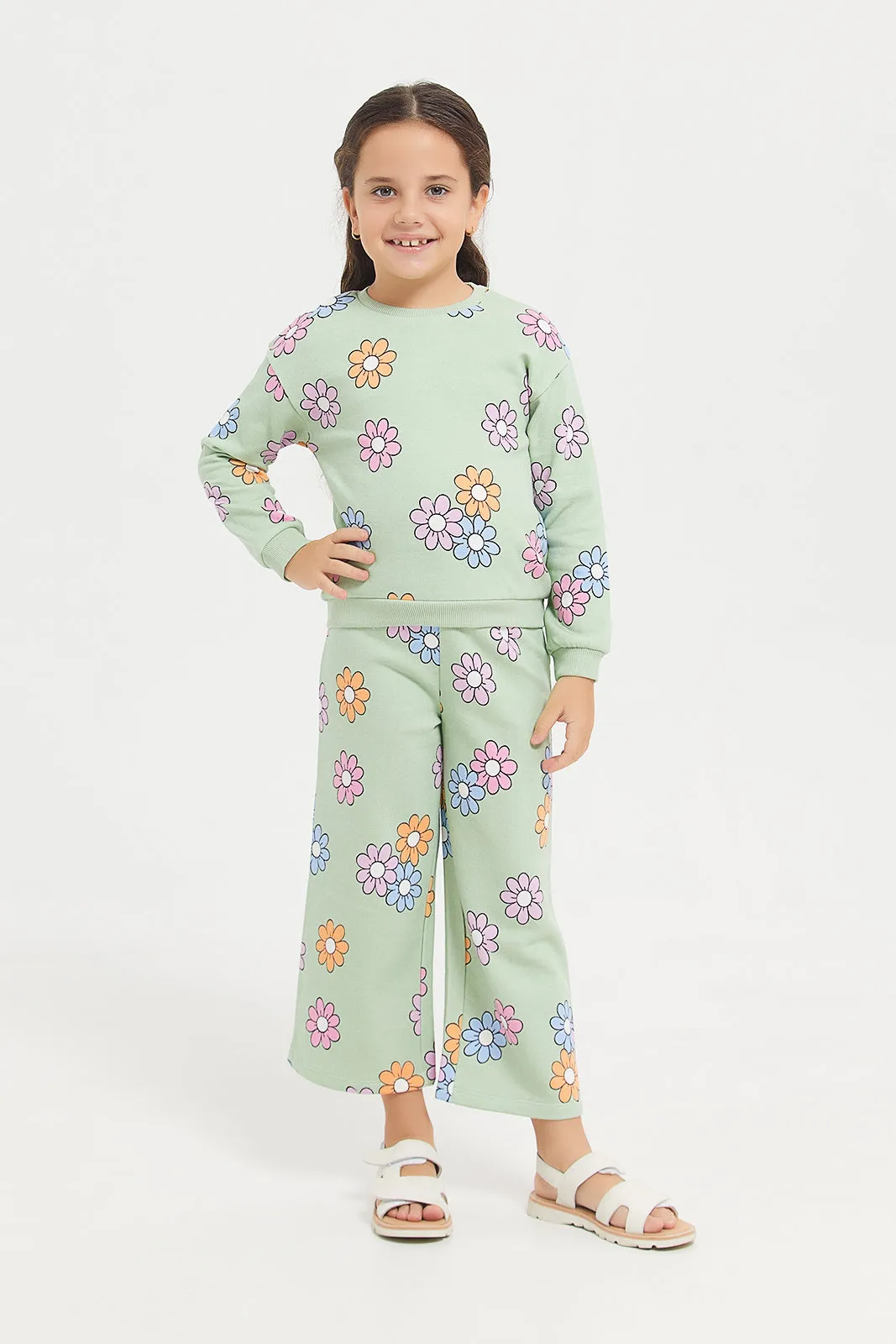 Girls Green Printed Sweatshirt