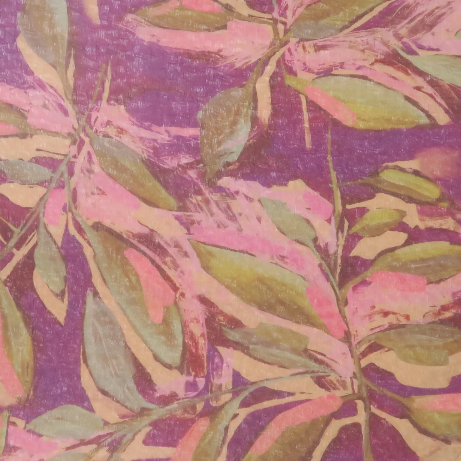 Green Leaves on Purple Background Crunched Organza Fabric