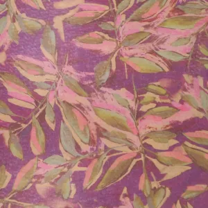 Green Leaves on Purple Background Crunched Organza Fabric