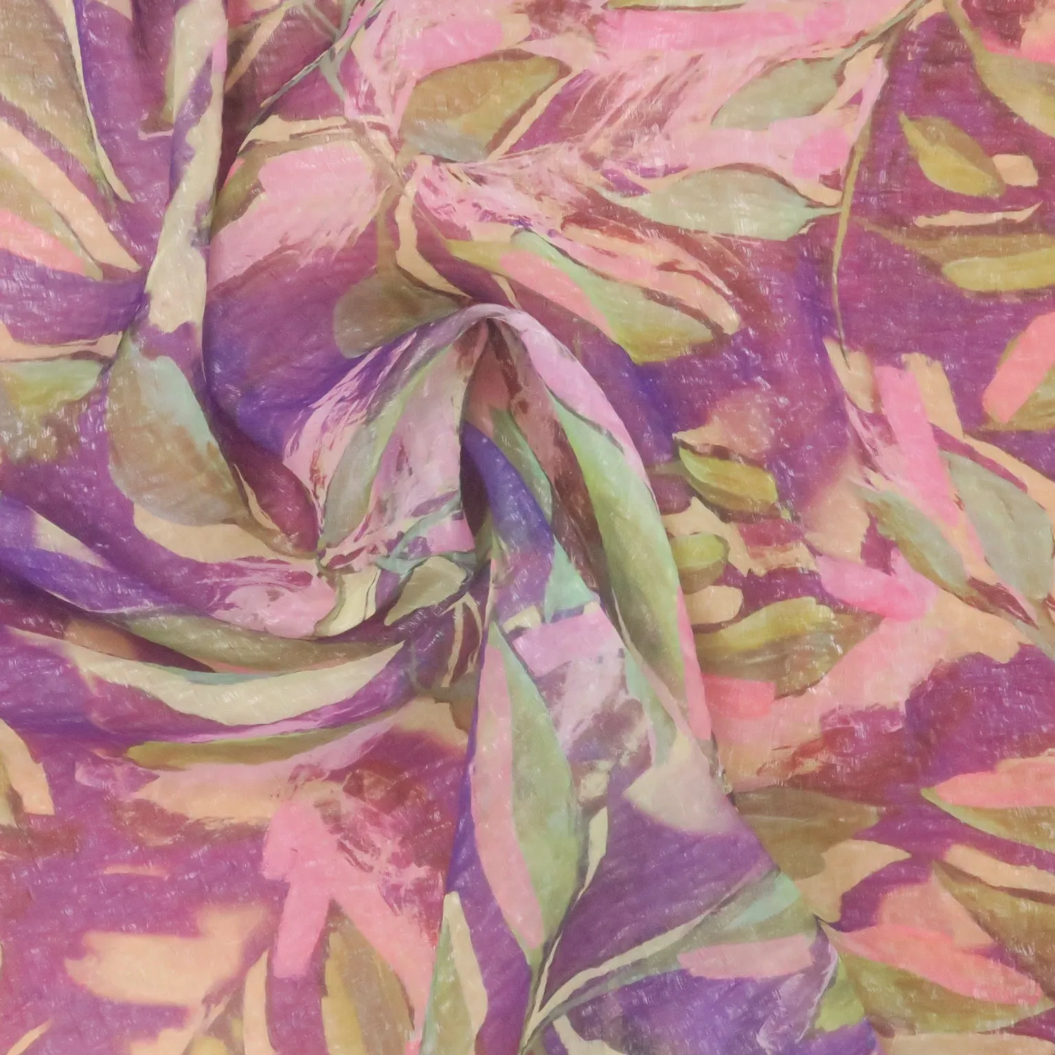 Green Leaves on Purple Background Crunched Organza Fabric
