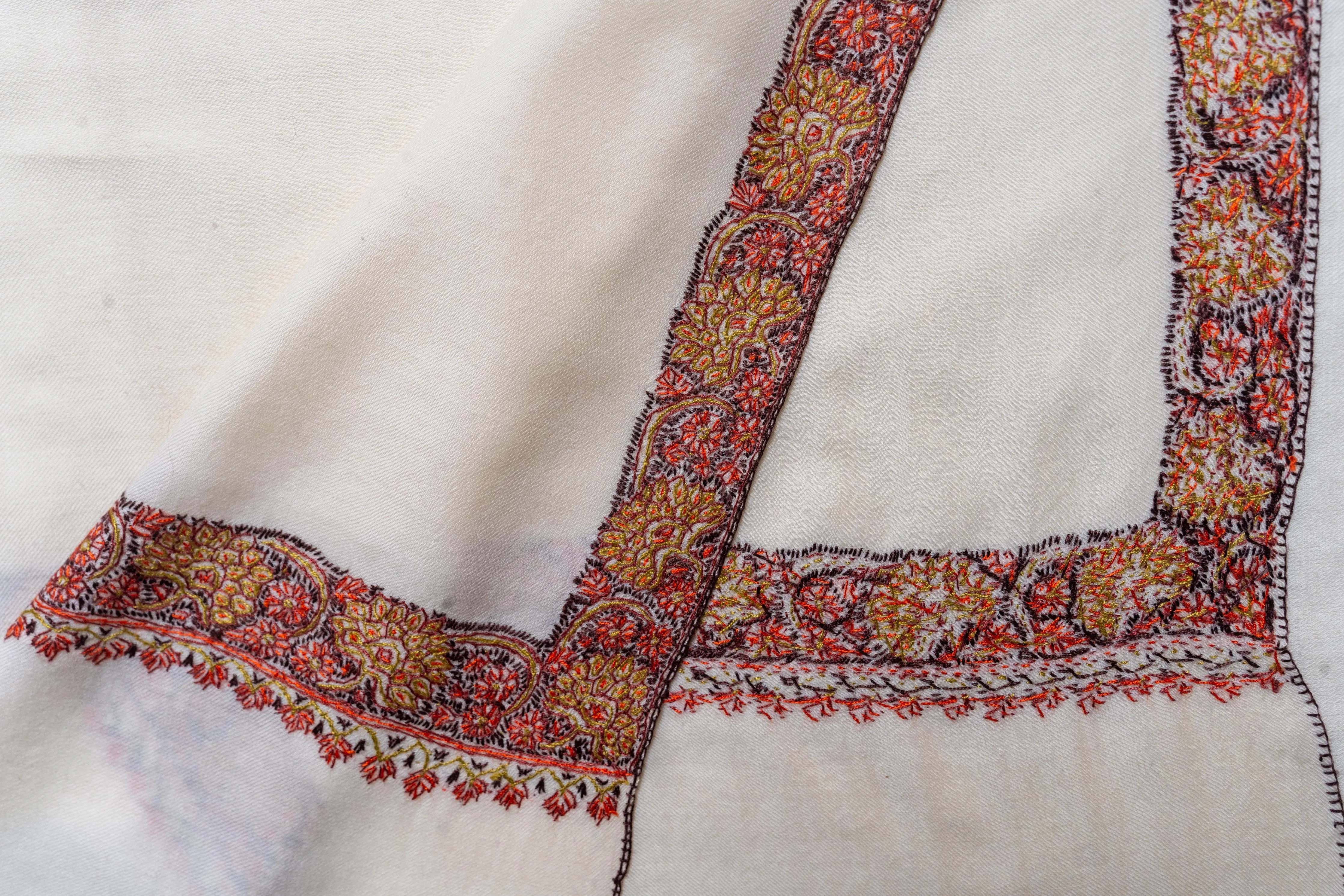 Heritage Border Merino Wool Shawl with Hand-Embroidered Sozni Detail