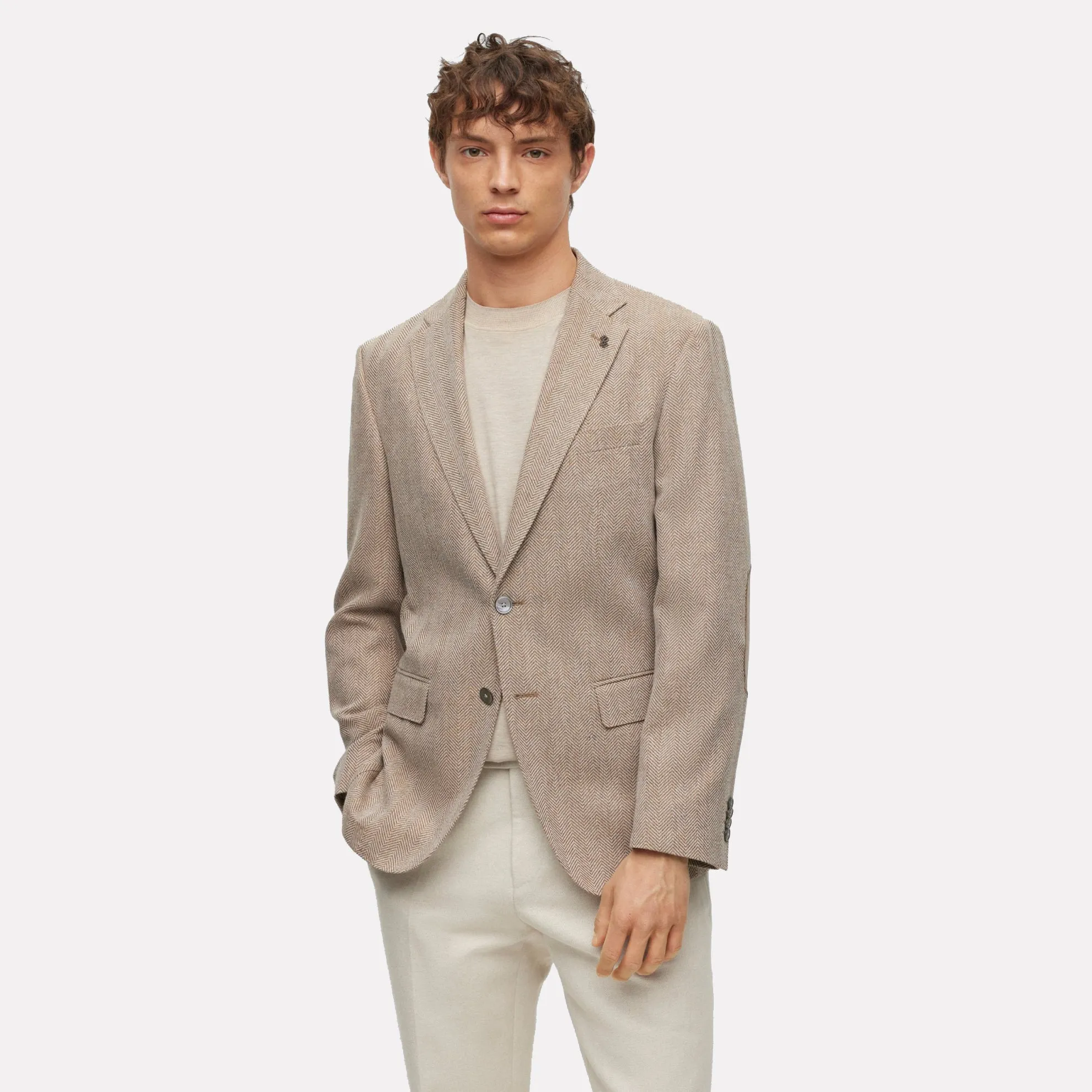 Hutson Slim-fit Jacket in a Cotton-Wool Blend Herringbone Cloth / Medium Beige