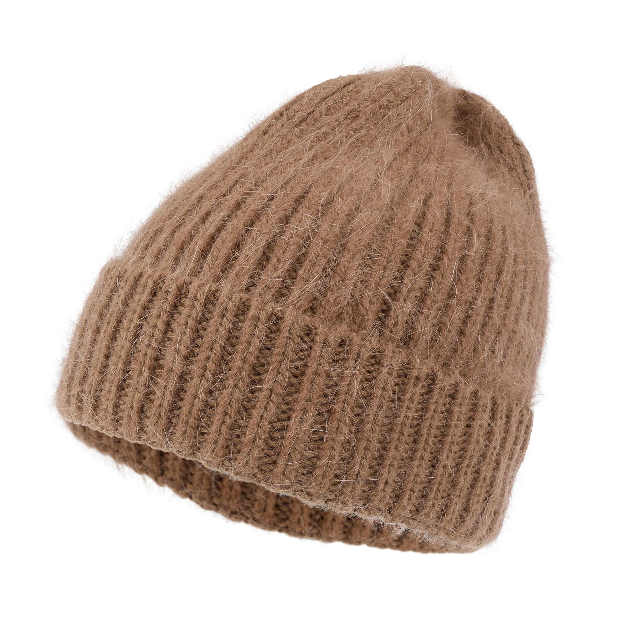 ililily Angora Blended Color Fold Over Short Beanie Ribbed Knit Winter Hat