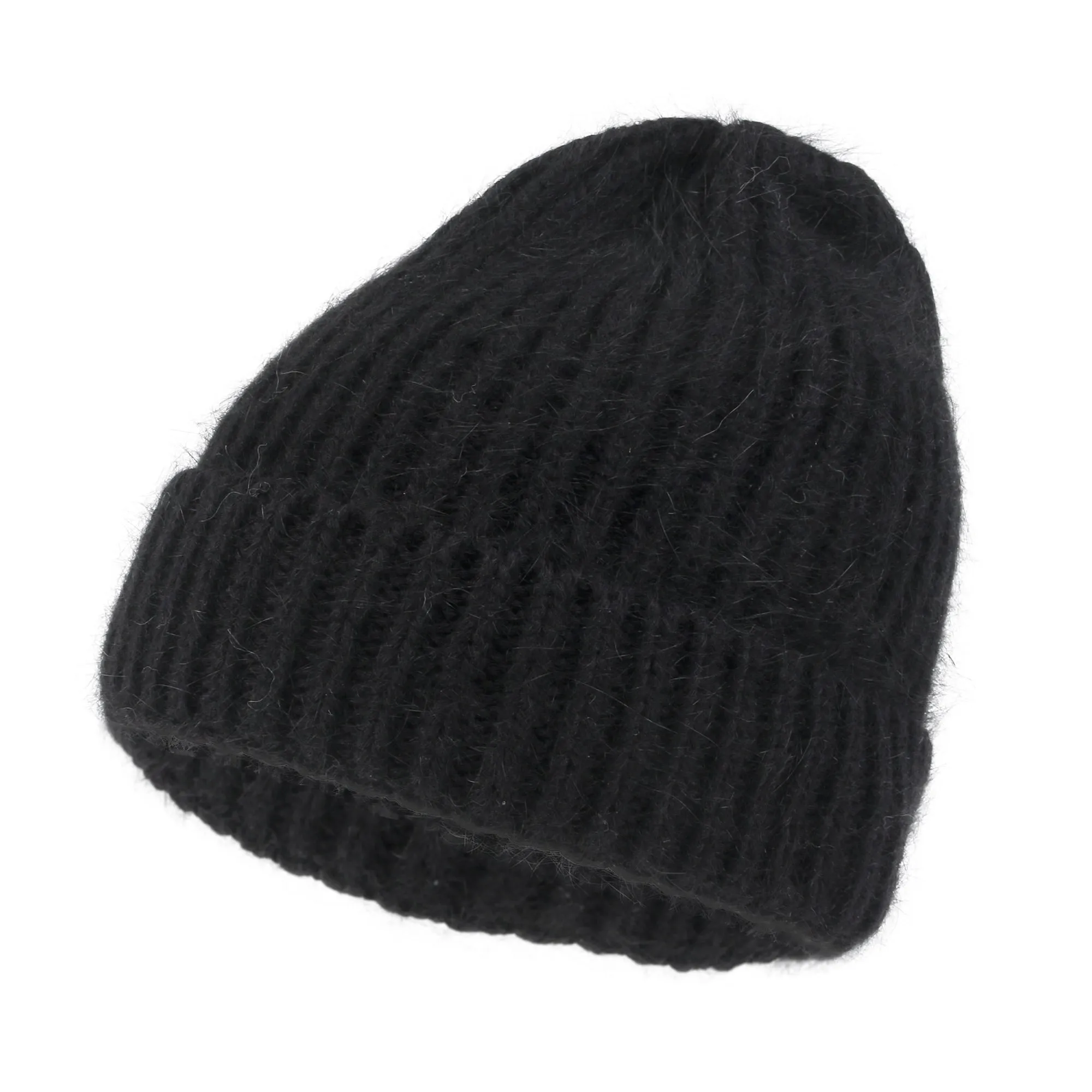 ililily Angora Blended Color Fold Over Short Beanie Ribbed Knit Winter Hat