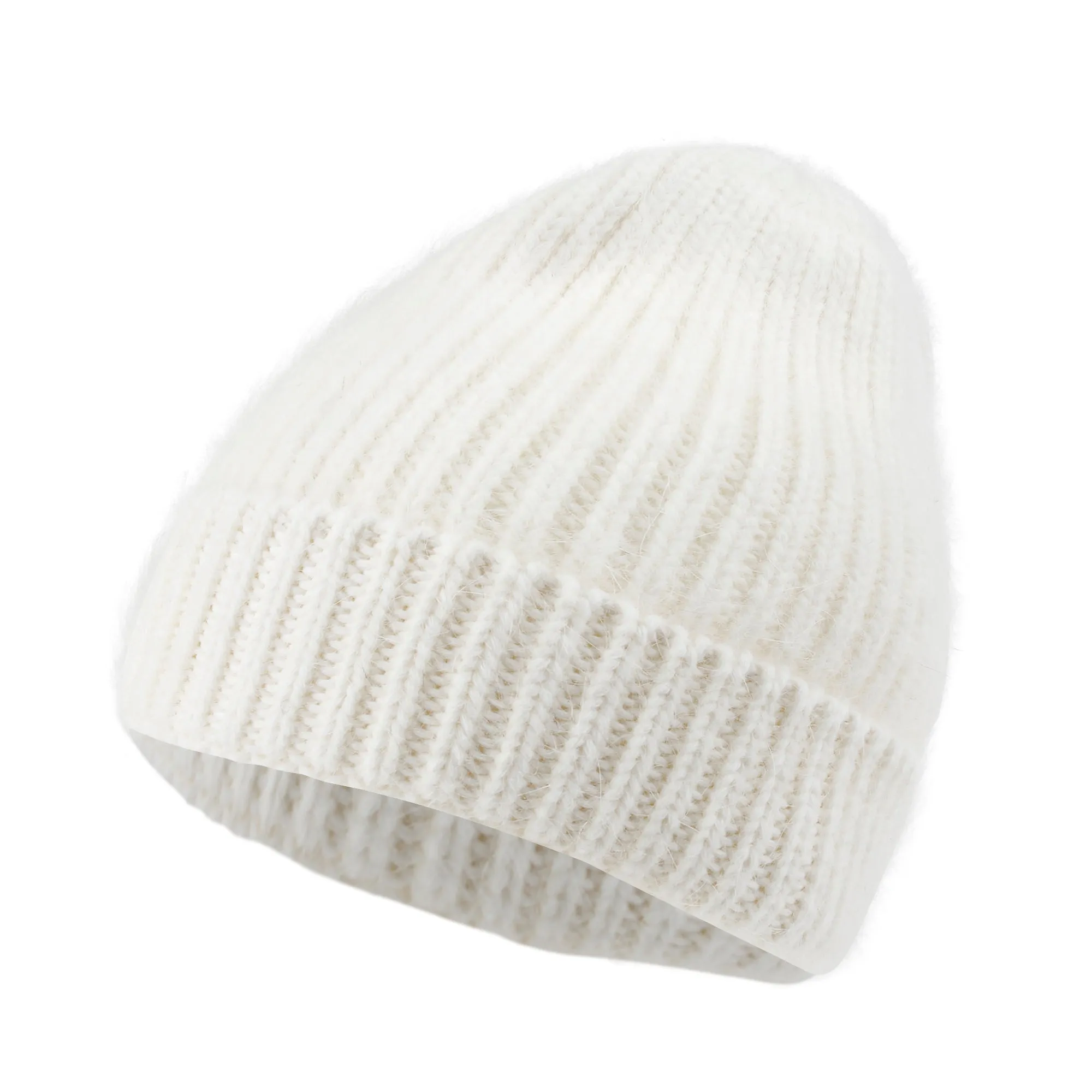 ililily Angora Blended Color Fold Over Short Beanie Ribbed Knit Winter Hat