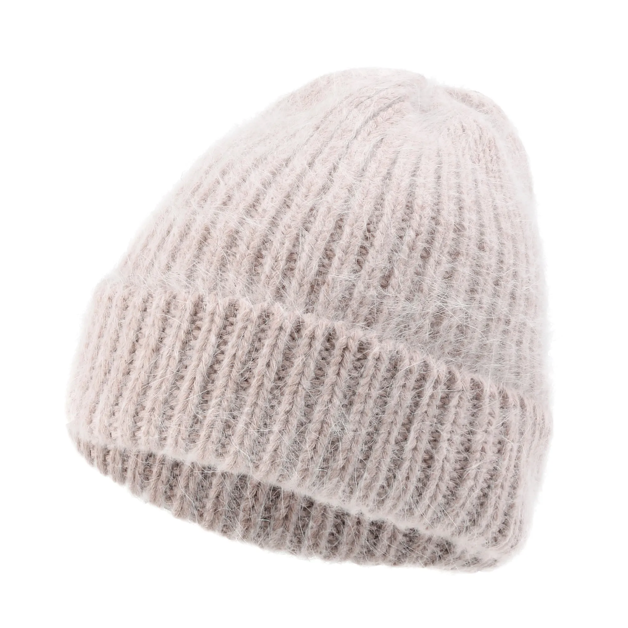 ililily Angora Blended Color Fold Over Short Beanie Ribbed Knit Winter Hat